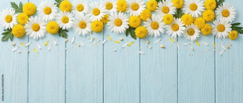 Fototapeta premium Colorful floral arrangement of daisies and yellow flowers on light blue wooden background nature decor fresh and vibrant viewpoint for spring and summer inspiration