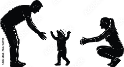 Happy family silhouette parents encouraging toddler walking first steps together isolated black vector illustration on white background for adobe stock