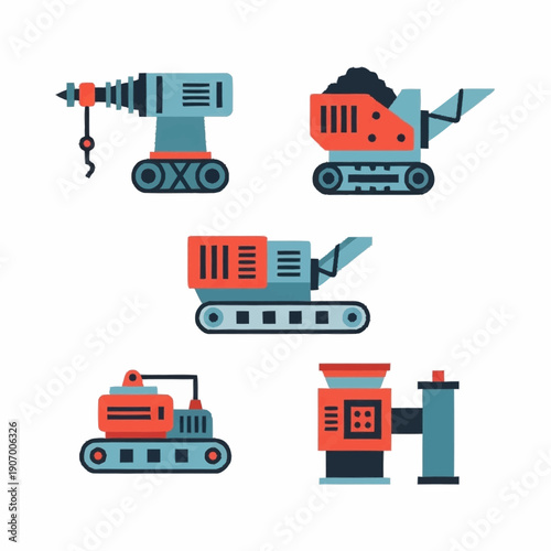 Collection of industrial machinery and mining equipment illustrations.