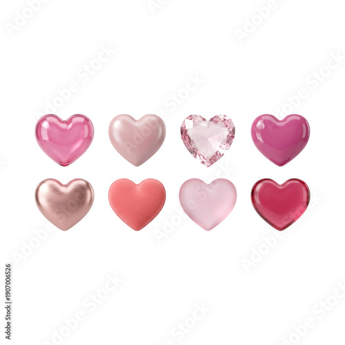 Collection of shiny pink heart shapes and rose gold hearts, symbolizing love and romance for valentines day or wedding, various textures on transparent background