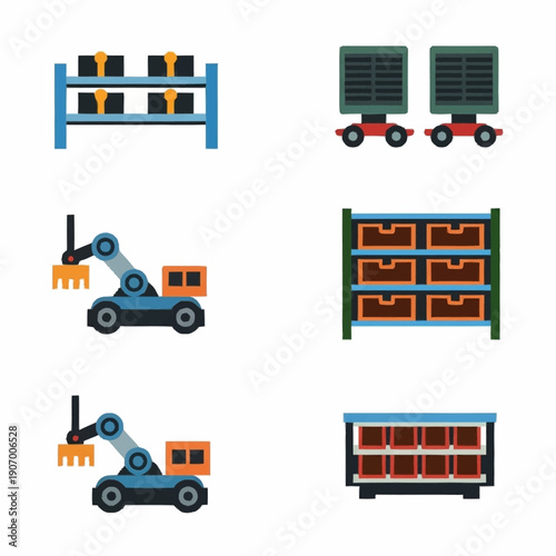 Collection of various industrial and storage equipment illustrations.
