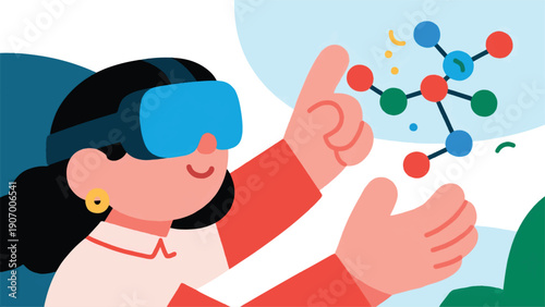 Illustration Of Child Wearing Reality Headset Interacts Explores Molecular Models With VR Glasses Vector Design Template
