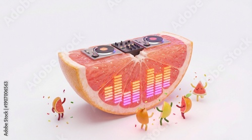 Grapefruit Fruit DJ Booth for Music Party Entertainment Concept 3D Illustration

