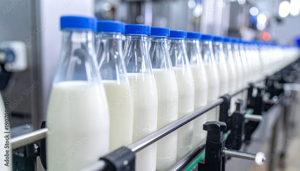 Fototapeta premium Milk bottles on production line in industrial dairy plant facility