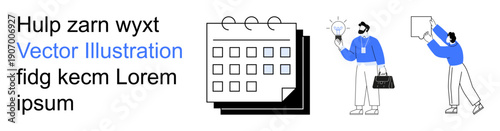 Teamwork, scheduling, idea generation, planning, creativity, time management. Calendar with dates and professionals brainstorming and presenting. Teamwork and scheduling concept