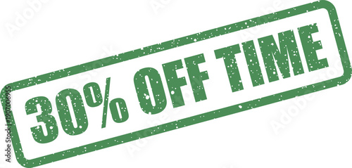 Textured rectangular rubber stamp displaying a thirty percent limited time discount offer notification