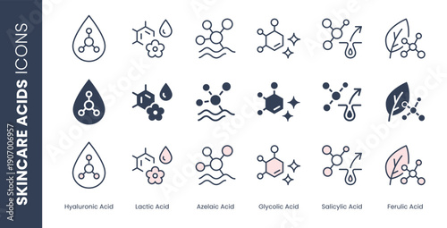 Acid skincare icon set. Hyaluronic, lactic, azelaic, glycolic, salicylic, ferulic minimal vector illustrations. Signs for cosmetic ingredient, chemical molecules in line, duotone and glyph style