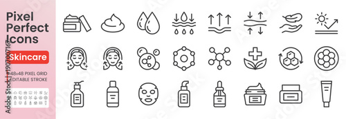 Skin care line icon set. Retinol, beauty collagen, niacinamide, nourishing cream, face anti wrinkle minimal vector illustrations. Simple outline skincare signs. 48x48 Pixel Perfect. Editable Stroke