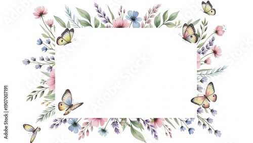 Delicate floral frame with butterflies and pastel flowers surrounding a blank white space