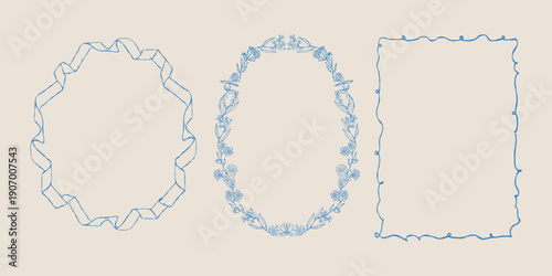 A set of vintage hand drawn spring frames. Ribbon frames, floral borders, and whimsical borders. A collection of doodle style outline illustrations in blue. Vector clip art for holidays and Easter.