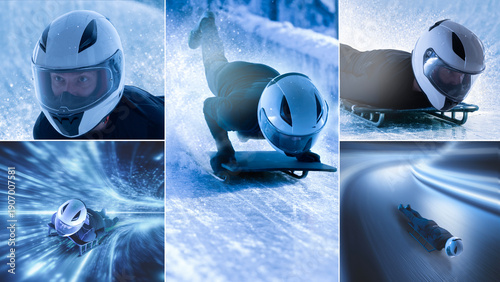 Foto Skeleton athlete speed motion collage on ice track