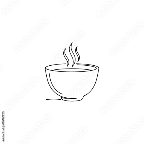 Minimalist handleless teacup single line art with steam — Asian tea ceremony icon vector
