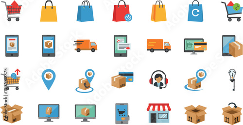 Ecommerce and online shopping icon set featuring delivery services, mobile payments, logistics tracking, customer support, and retail marketplace elements in flat vector style