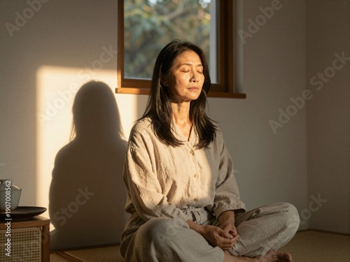 Senior woman meditating in sunlit room during golden hour sunset