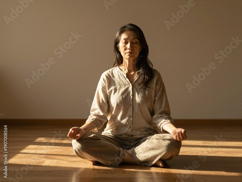 Senior woman meditating in sunlit room during golden hour sunset