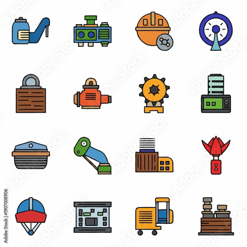 Industrial machinery and equipment icons set for manufacturing and engineering.