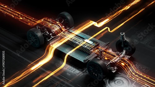 Electric vehicle chassis with glowing energy flow lines.