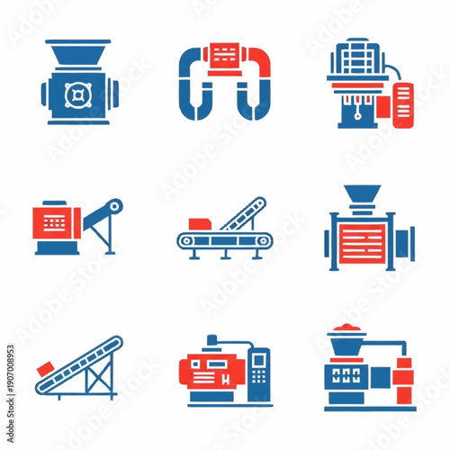 Industrial machinery and equipment icons set for manufacturing and production processes.