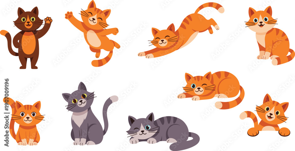Obraz premium Cute cat character icon set featuring playful kittens in jumping, sitting, sleeping, and stretching poses with charming cartoon pet illustrations in flat vector style