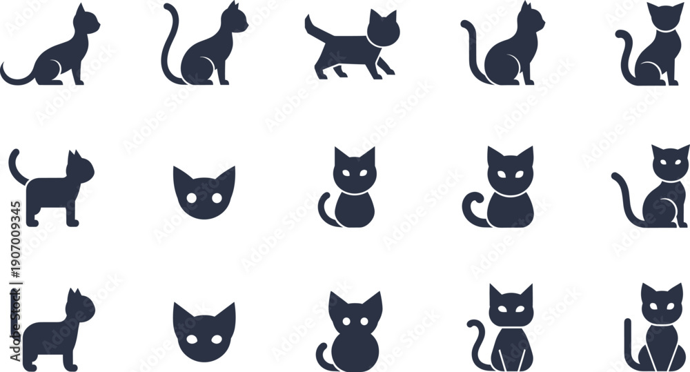 Fototapeta premium Minimal cat silhouette icon set featuring sitting, walking, and playful feline poses for pet design, logos, patterns, and branding in flat vector style