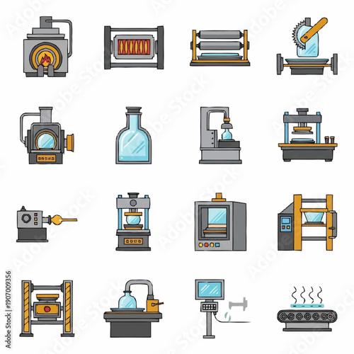 Industrial Manufacturing Process and Equipment Icons Set.
