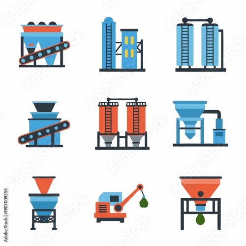 Industrial processing plants and machinery for various manufacturing operations.