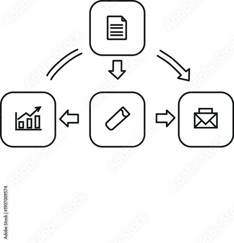 Circular Business Process Diagram Topdown branching icons document chart editor. Visual shows document
