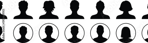Assorted Black Silhouettes of Human Heads and Circular Profile Icons front view person