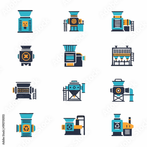 Industrial Shredder and Recycling Machine Icons Set.