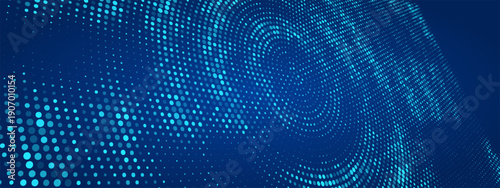 Glowing blue dotted wallpaper. Abstract curved round dot grid texture. Circle halftone pattern background. Dark navy backdrop for technology, business, news, healthcare, medicine design. eps10