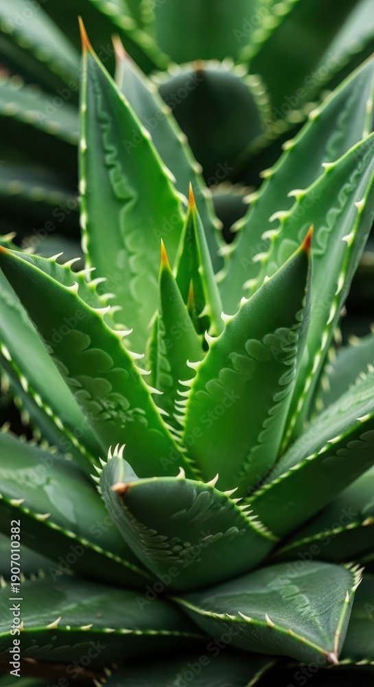 Obraz premium A detailed, high-resolution close-up of a drought-tolerant succulent with robust green fleshy leaves and sharp protective spines, nature, botany, structure