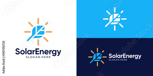 Creative simple solar energy logo template. Abstract leaf with sun for solar panel logo design vector illustration.