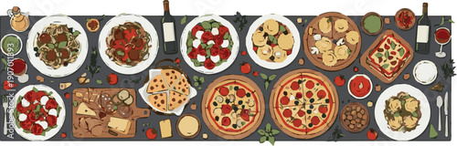 Assorted pizzas and various international cuisines displayed on a long dining table viewed from directly above.