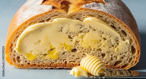Close up view of soft homemade sourdough bread generously spread with creamy rich butter, highlighting the texture perfect for a hearty breakfast, baked, board, gourmet