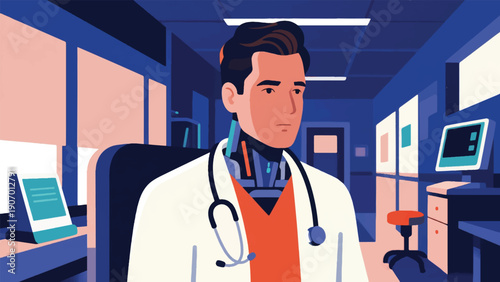 Illustration Of Cyborg Doctor In The Background Of A Hospital Room Vector Design Template