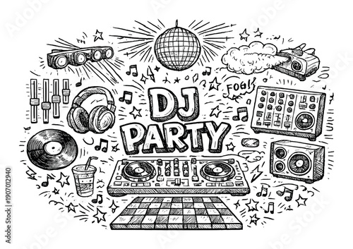 Hand-drawn dj party elements with turntable and disco ball on dark background