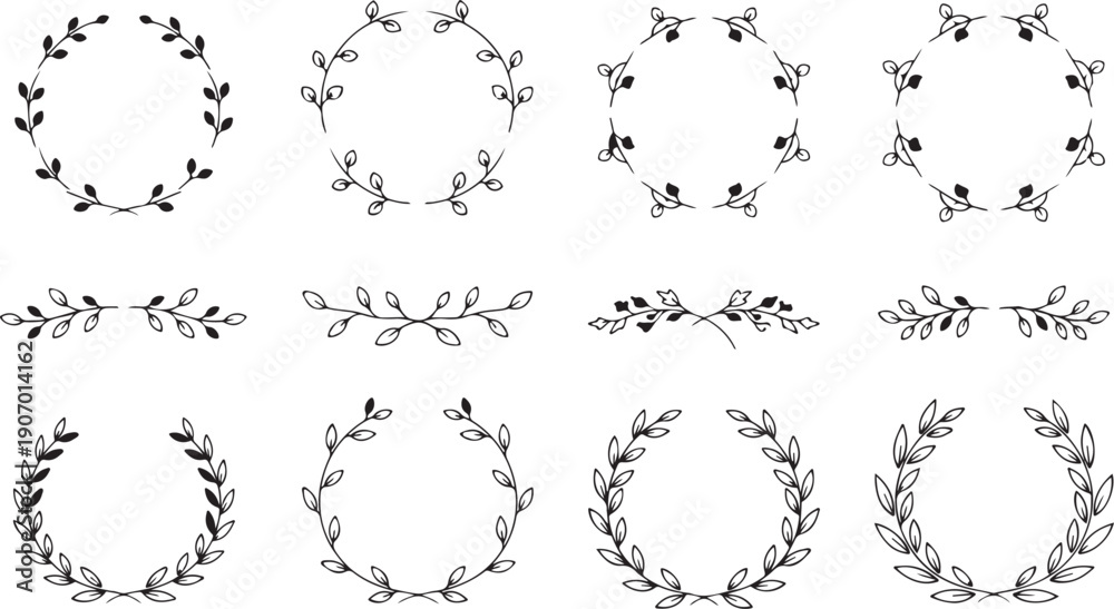 Obraz premium Clean Botanical Ornament Collection with Laurel Wreaths and Delicate Leaves