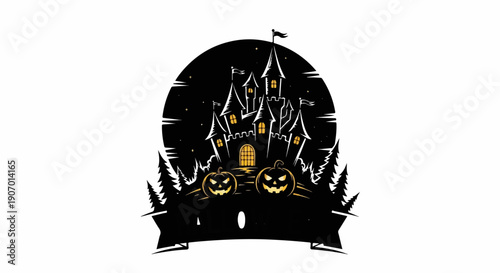 Spooky castle with jack-o'-lanterns and pine trees against a starry night sky