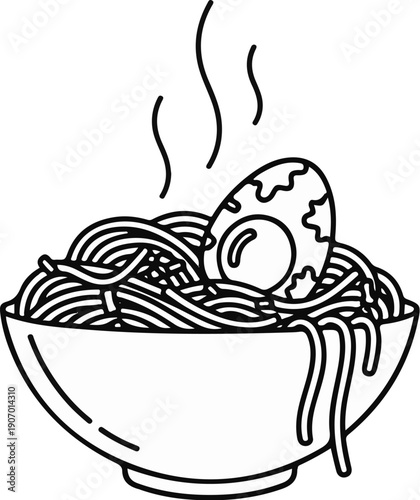 Simple line drawing of a bowl of steaming noodles with a half-boiled egg
