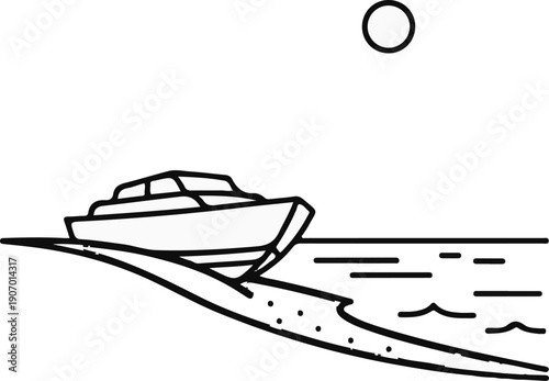 Simple line drawing of a boat resting on the shore under a bright sun