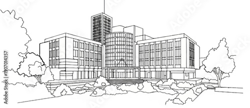 Sketch of a modern building complex with trees and landscaping