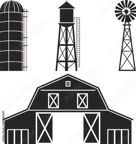 Black silhouette icons of farm buildings and structures including a barn, silo, water tower, and windmill Keywords: silhouette