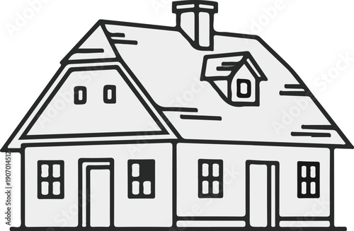Simple line art illustration of a two-story house with a dormer window and chimney