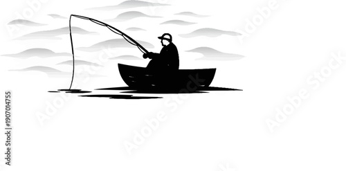 Silhouette of a fisherman in a boat casting a line into misty water