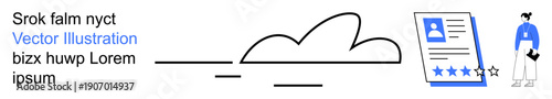 Data storage, document organization, cloud technology, user reviews, workflow optimization, information management. A cloud icon, a rated document, and a user figure conveying file management