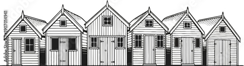 Row of charming, identical wooden beach huts with pointed roofs and windows