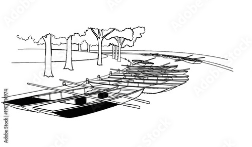 Rowboats lined up on a grassy bank next to a body of water