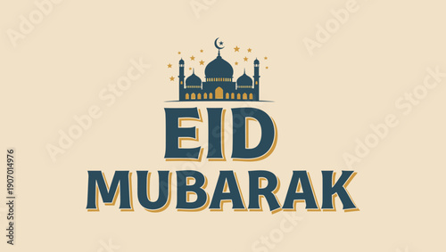 Eid Mubarak Greeting with Mosque, Crescent Moon, and Decorative Stars Illustration