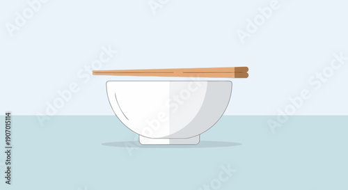 Simple illustration of a white bowl with wooden chopsticks resting on top