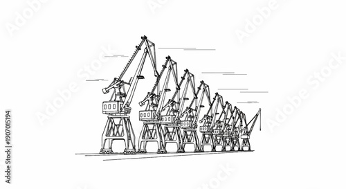 Series of line-drawn industrial cranes lined up against a white background